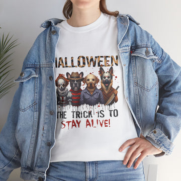 Halloween Trick or Treat Dog Graphic Tee, Unisex Heavy Cotton Tee, Pet Lover Gift, Cute Halloween Shirt, Fall Fashion, Animal Lover Apparel